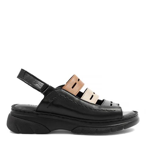 Kadın Siyah Bilekten Cırt Cırtlı Deri Sandalet