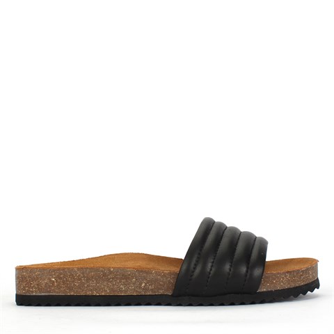 Kadın Siyah Dikişli Rahat Deri Terlik