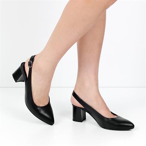 Kadın Siyah Kalın Topuklu Deri Klasik Ayakkabı