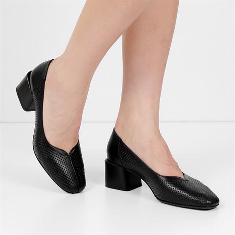Kadın Siyah Kalın Topuklu Deri Klasik Ayakkabı