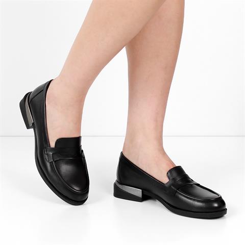 Kadın Siyah Kalın Topuklu Deri Loafer