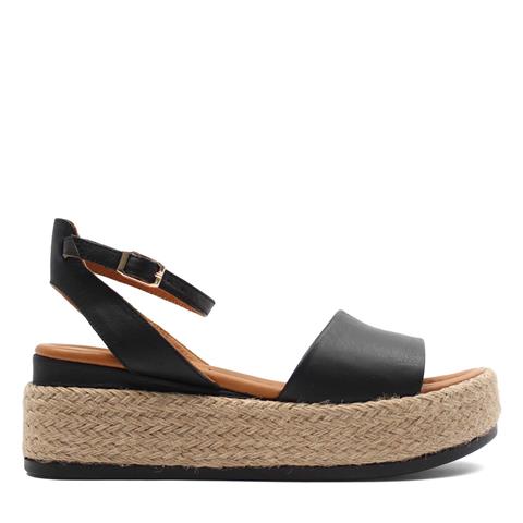 Kadın Siyah Hasır Tabanlı Deri Sandalet