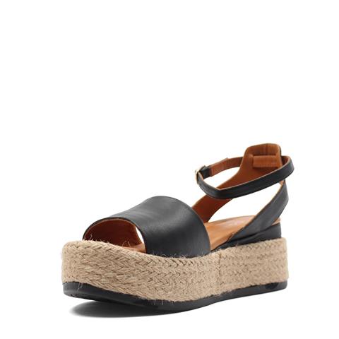 Kadın Siyah Hasır Tabanlı Deri Sandalet