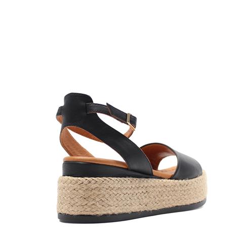Kadın Siyah Hasır Tabanlı Deri Sandalet