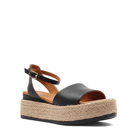 Kadın Siyah Hasır Tabanlı Deri Sandalet