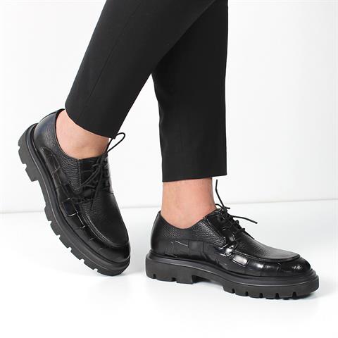 Erkek Siyah Bağcıklı Kalın Tabanlı Kroko Deri Günlük Ayakkabı