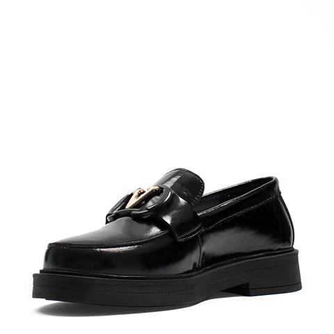 Kadın Siyah Tokalı Kalın Tabanlı Rugan Deri Loafer