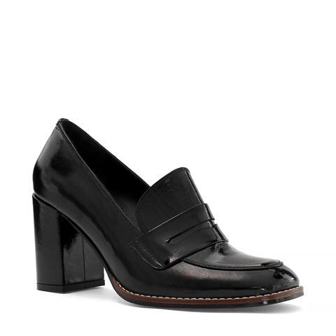 Kadın Siyah Kalın Topuklu Rugan Deri Klasik Ayakkabı