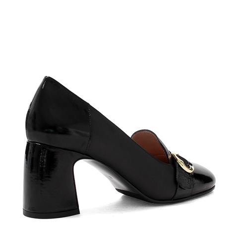 Kadın Siyah Tokalı Kalın Topuklu Rugan Deri Klasik Ayakkabı