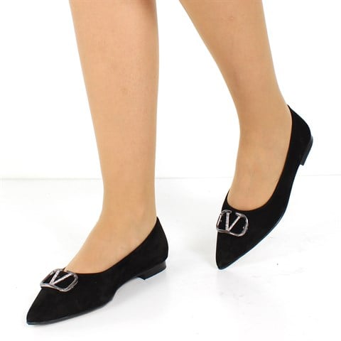 Kadın Siyah Tokalı Sivri Burun Süet Deri Babet