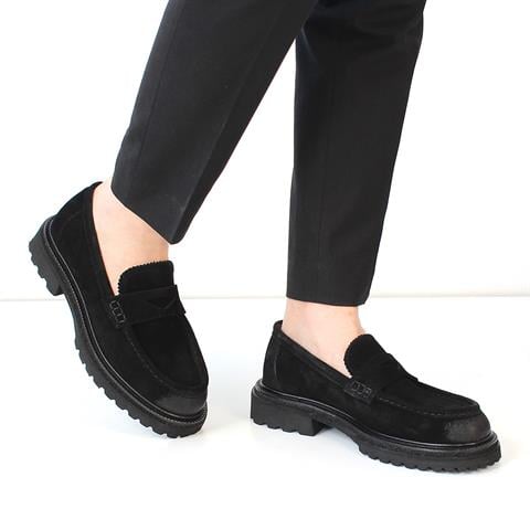 Erkek Siyah Kalın Tabanlı Süet Deri Loafer