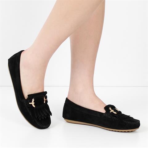 Kadın Siyah Püsküllü Süet Deri Babet