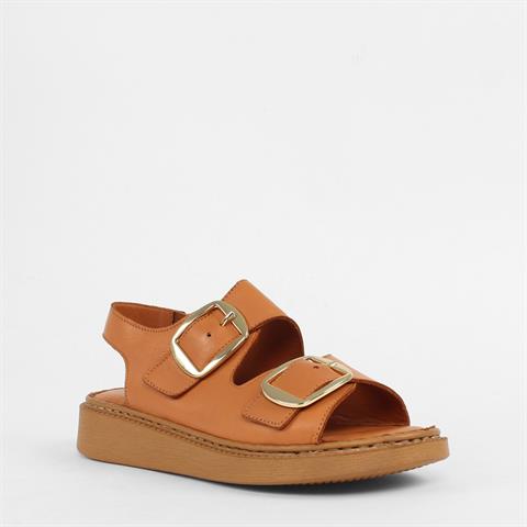 Kadın Taba Çift Tokalı Deri Sandalet