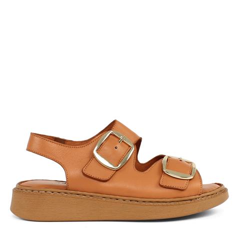 Kadın Taba Çift Tokalı Deri Sandalet