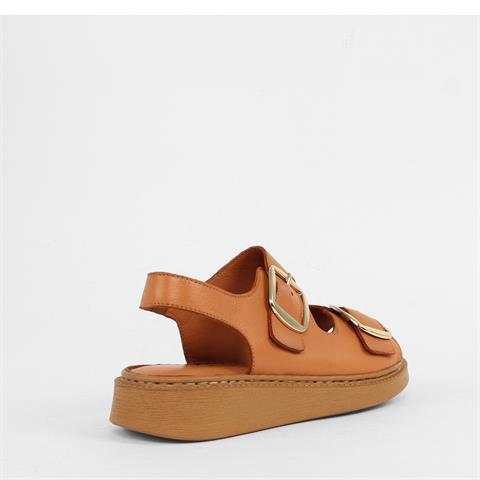 Kadın Taba Çift Tokalı Deri Sandalet