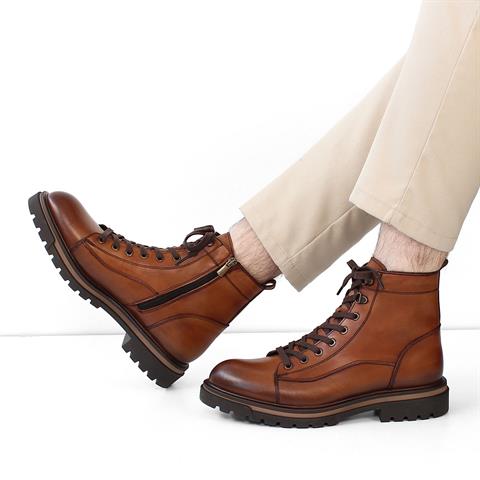 Erkek Taba Bağcıklı Fermuarlı Deri Bot