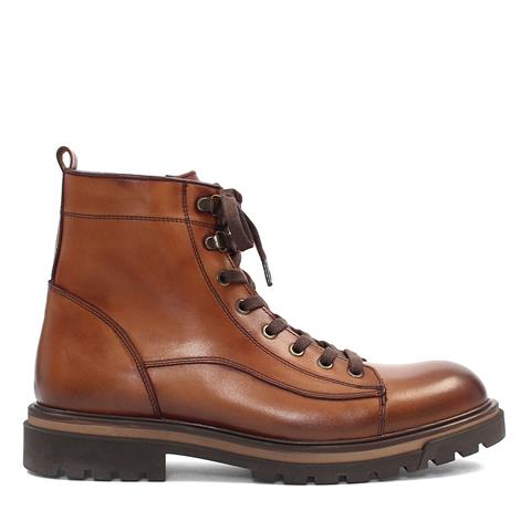 Erkek Taba Bağcıklı Fermuarlı Deri Bot