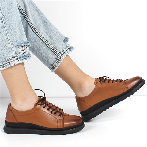 Kadın Taba Bağcıklı Kalın Tabanlı Deri Ayakkabı