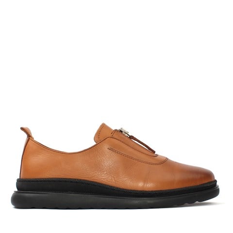 Kadın Taba Fermuarlı Kalın Tabanlı Deri Ayakkabı