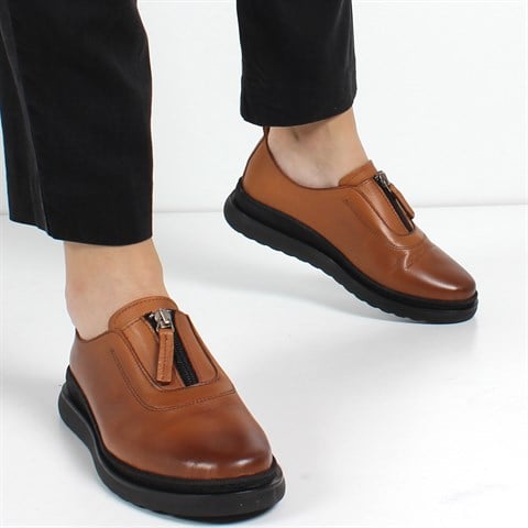 Kadın Taba Fermuarlı Kalın Tabanlı Deri Ayakkabı