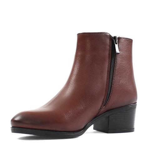 Kadın Taba Çift Fermuarlı Kalın Topuklu Deri Bot