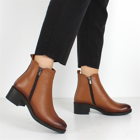 Kadın Taba Çift Fermuarlı Kalın Topuklu Deri Bot