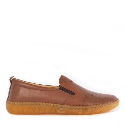 Kadın Taba Lastikli Çiçek Desenli Deri Ayakkabı