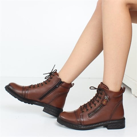 Kadın Taba Fermuarlı Kalın Tabanlı Deri Bot