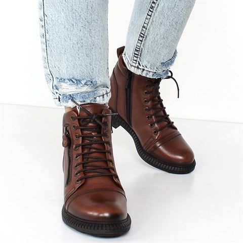 Kadın Taba Fermuarlı Kalın Tabanlı Deri Bot