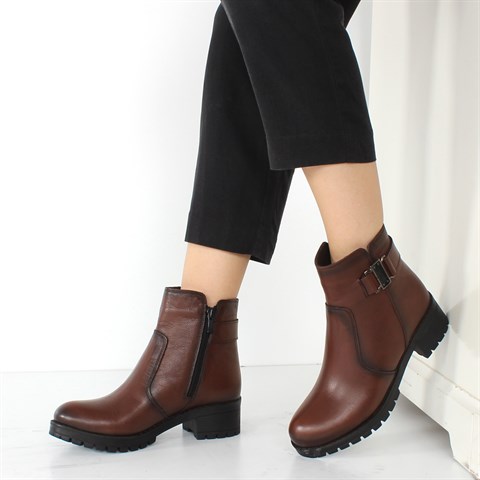 Kadın Taba Fermuarlı Tokalı Deri Bot