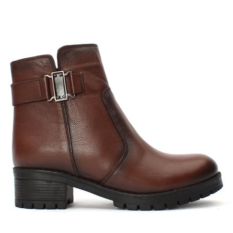Kadın Taba Fermuarlı Tokalı Deri Bot