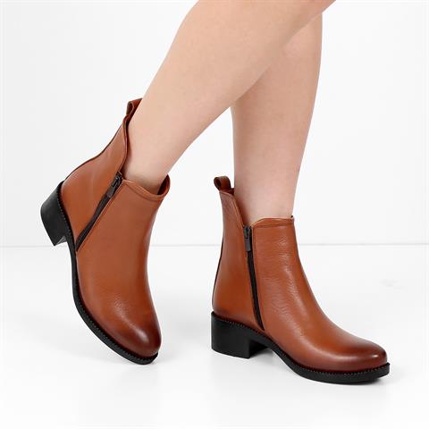 Kadın Taba Çift Fermuarlı Deri Bot