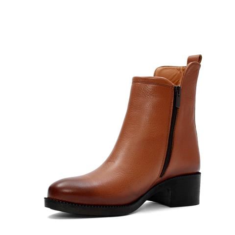 Kadın Taba Çift Fermuarlı Deri Bot