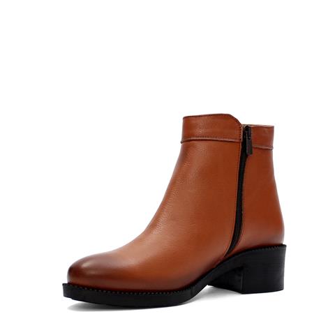 Kadın Taba Fermuarlı Kalın Topuklu Deri Bot