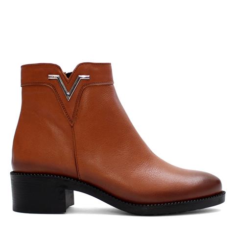 Kadın Taba Fermuarlı Kalın Topuklu Deri Bot