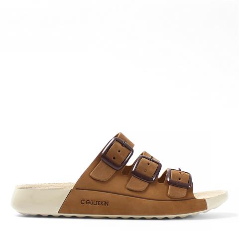 Kadın Taba Üç Tokalı Rahat Nubuk Deri Terlik