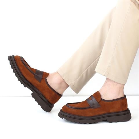 Erkek Taba Kalın Tabanlı Süet Deri Loafer