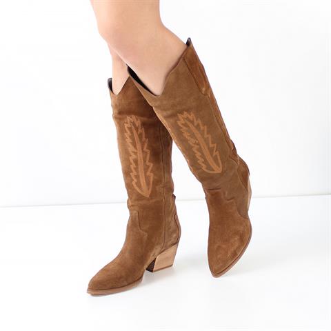 Kadın Taba Topuklu Süet Deri Kovboy Çizme