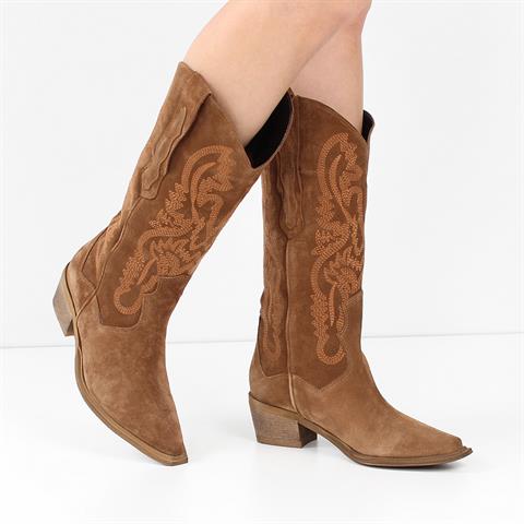 Kadın Taba Topuklu Süet Deri Kovboy Çizme