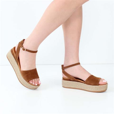 Kadın Taba Hasır Tabanlı Süet Deri Sandalet