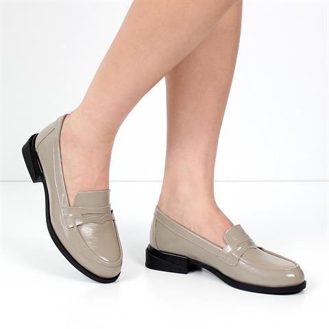 Kadın Vizon Kalın Topuklu Rugan Deri Loafer