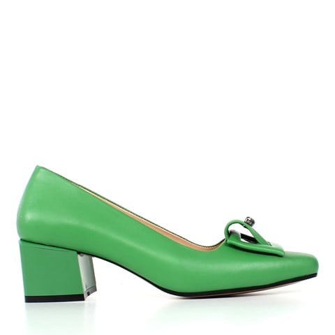 Kadın Yeşil Tokalı Topuklu Deri Klasik Ayakkabı