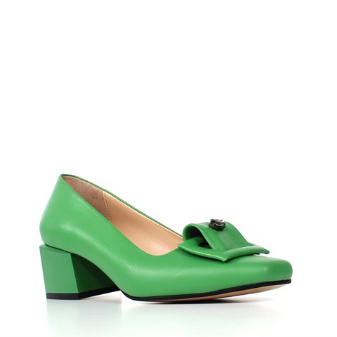 Kadın Yeşil Tokalı Topuklu Deri Klasik Ayakkabı