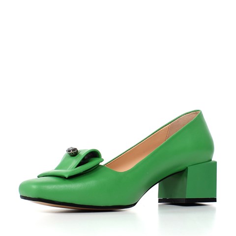Kadın Yeşil Tokalı Topuklu Deri Klasik Ayakkabı