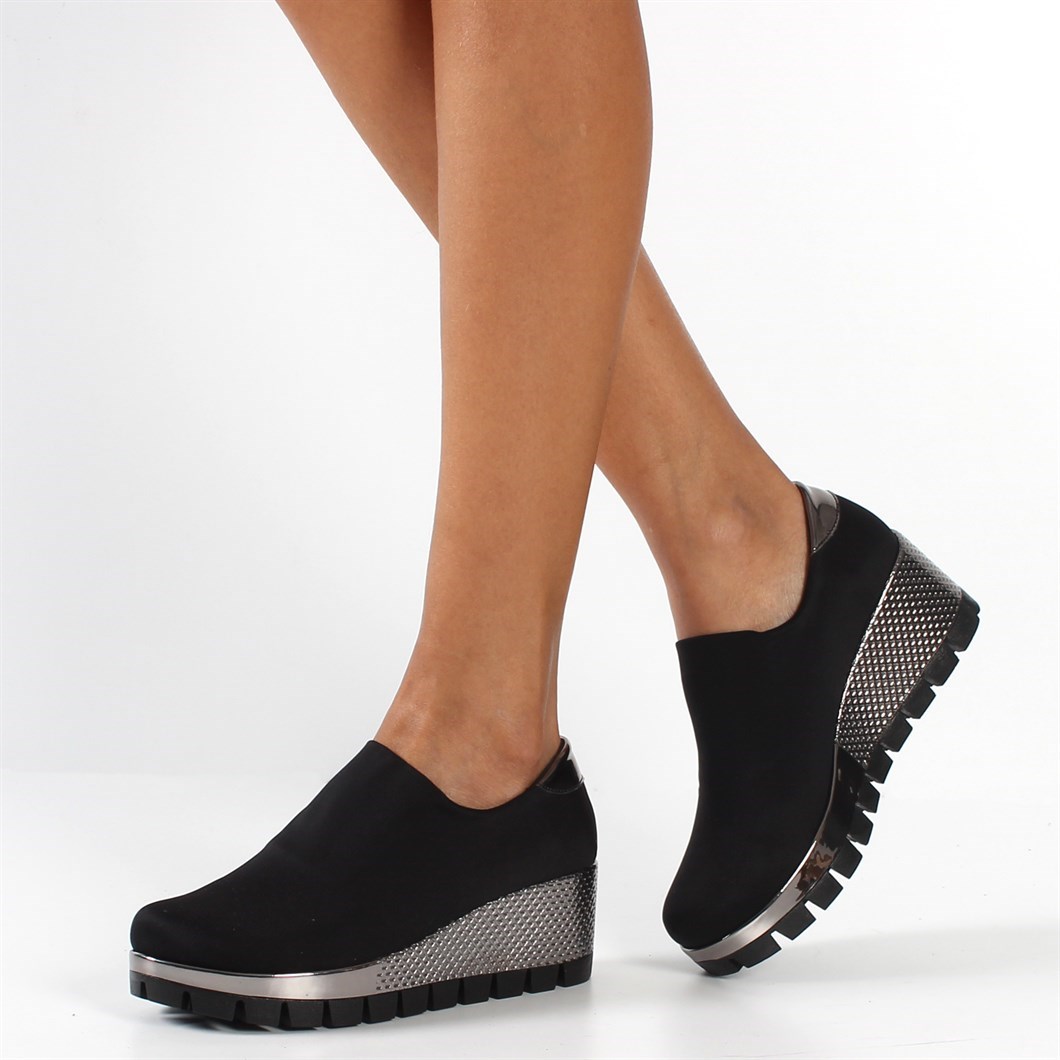 Siyah Gümüş Dolgu Topuk Kadın Streç Ayakkabı 317 401-20262 | Celal Gültekin
