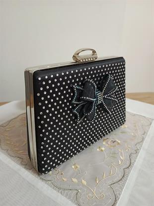 Siyah Saten Fiyonk Taşlı Abiye Çanta