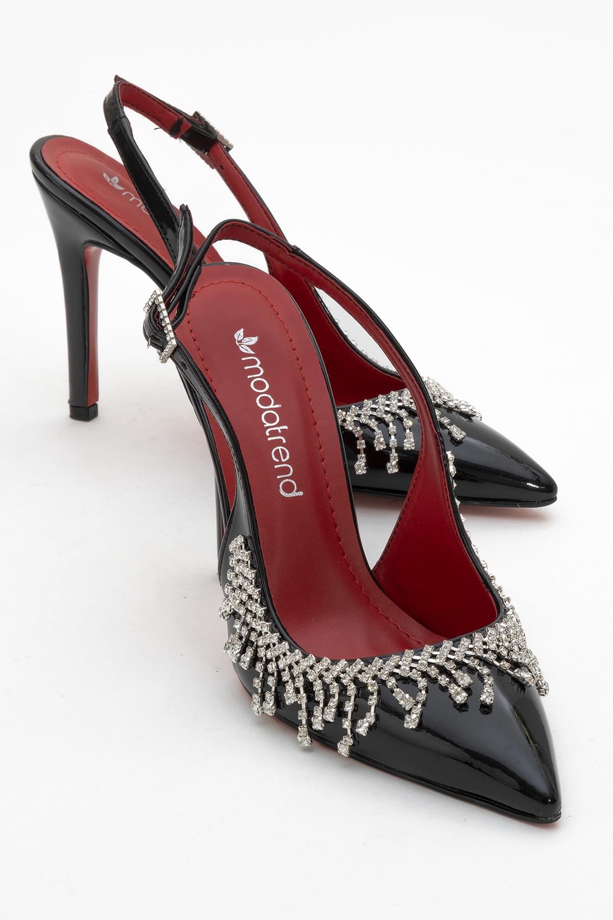 11 Cm Saçak Taşlı Açık Kadın Stiletto Ayakkabı SİYAH RUGAN
