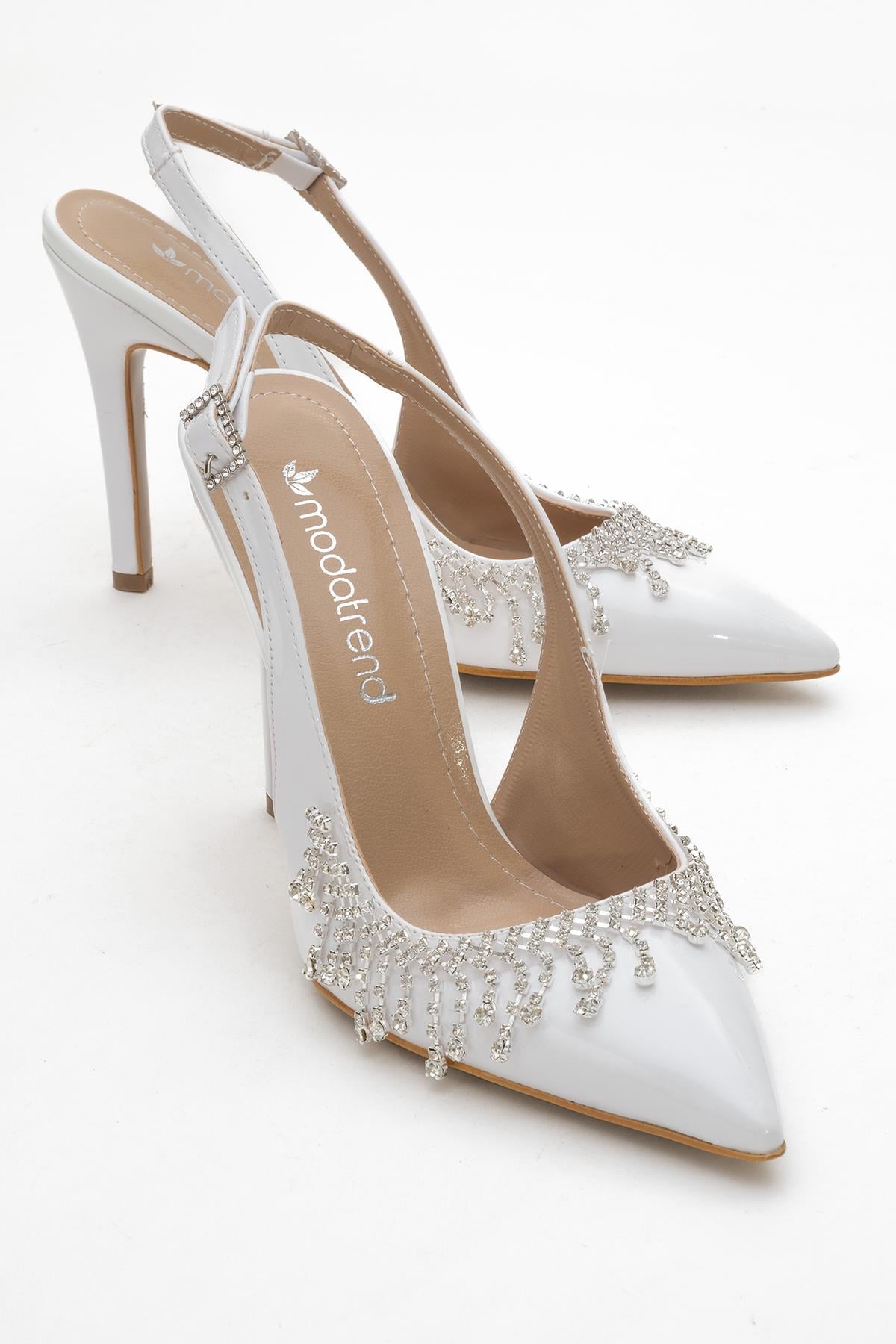 11 Cm Saçak Taşlı Açık Kadın Stiletto Ayakkabı BEYAZ RUGAN