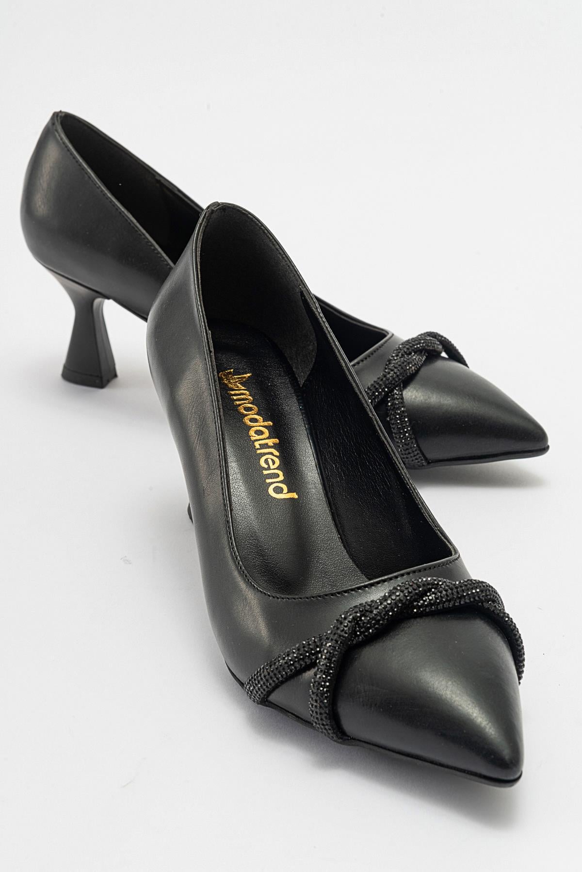 Çapraz Taşlı Kadın Stiletto Ayakkabı SİYAH CİLT SİYAH