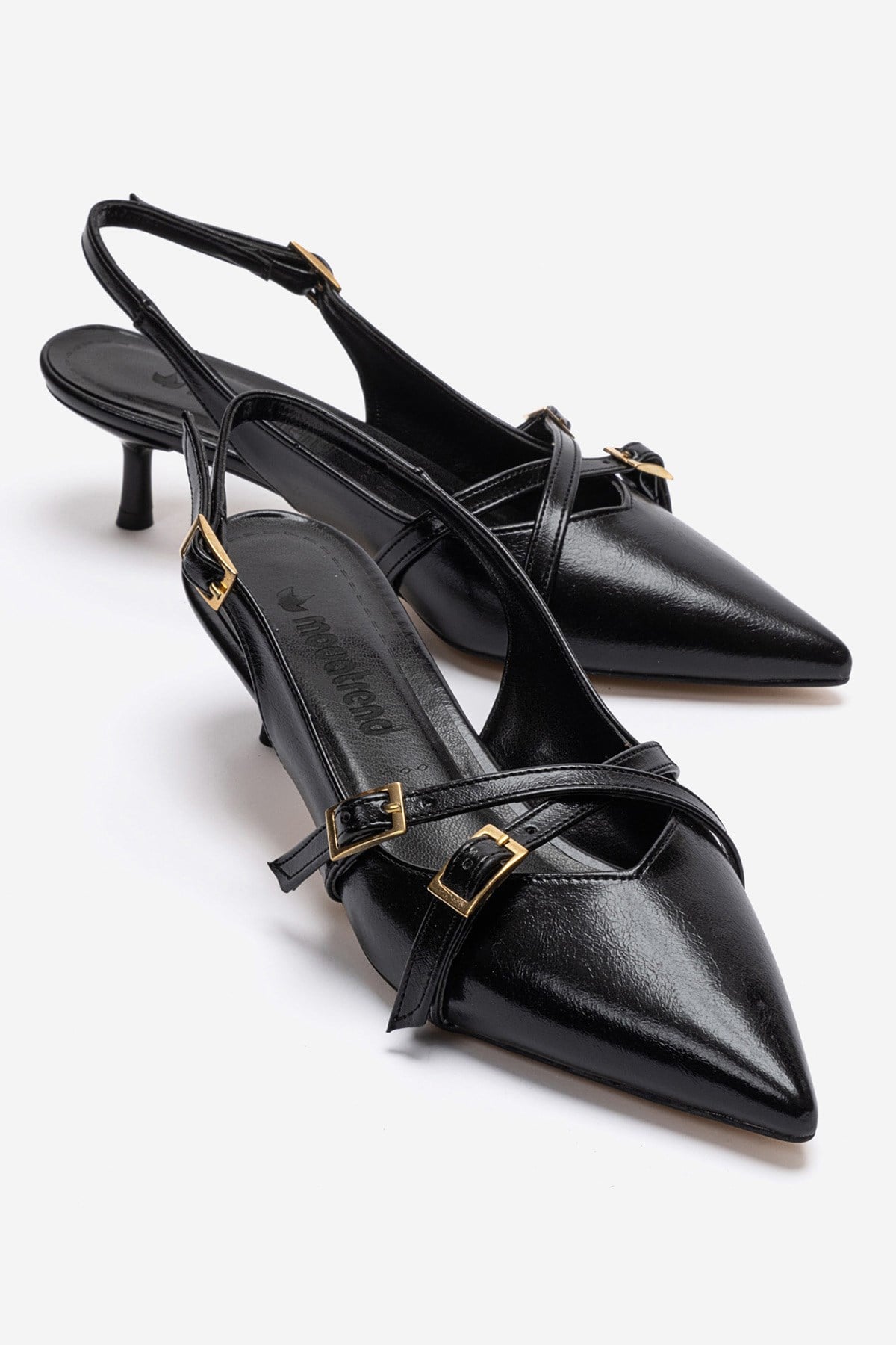 Çapraz Tokalı Arkası Açık Sivri  Burunlu Topuklu Sandalet SİYAH KIRIŞIK
